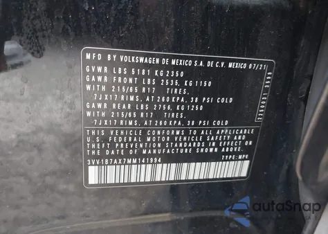 2021 Volkswagen Tiguan 2.0T S from USA, damaged, VIN 3VV1B7AX7MM141994